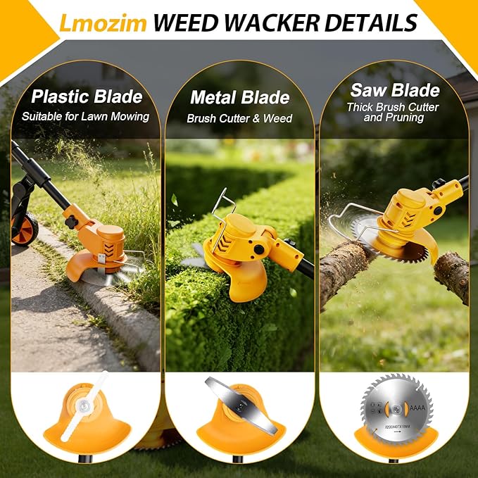 Electric Weed Wacker Cordless, Electric String Trimmer with 3 Types Blades & Removable Auxiliary Wheels, Brush Cutter & Grass Trimmer & Lawn Edger with for Garden Yard