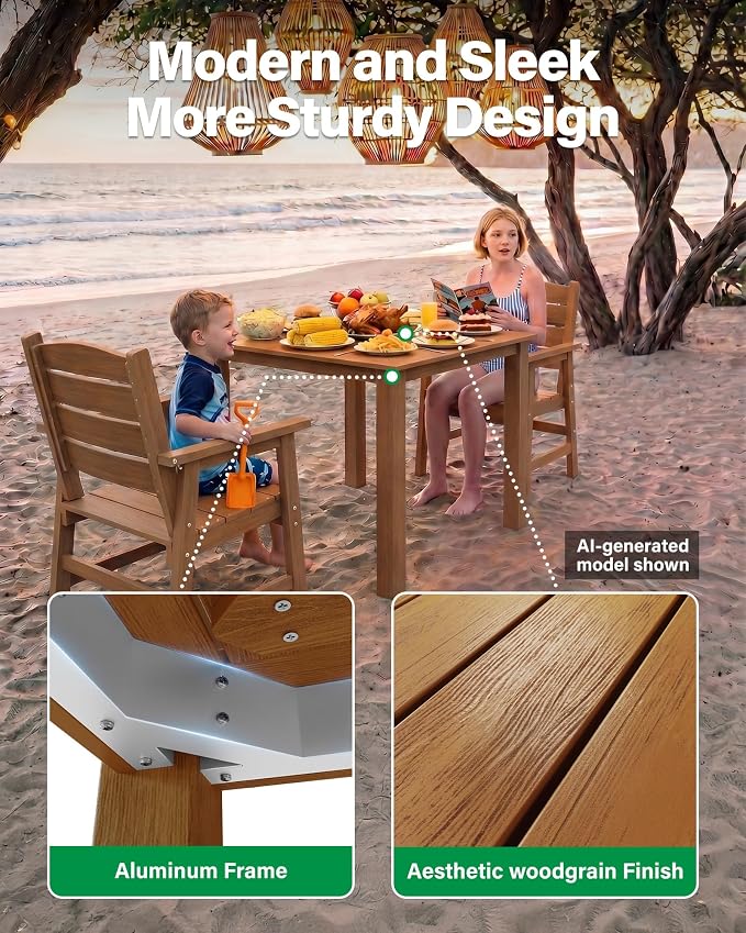 YEFU HIPS Patio Dining Sets:3-Piece All-Weather Outdoor Dining Table and Chairs Square Dining Table Set for 2 - Easy Assembly Outdoor Furniture Set for Lawn Deck Backyard Poolside（Teak）