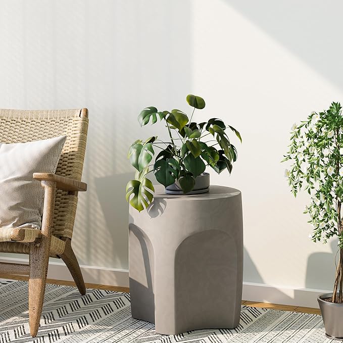 SUNBURY Outdoor Side Tables for Patio, 17" H Concrete Accent End Table, Indoor Small Round Patio End Table, Garden Stools for Yard, Arch Shape Cement Color