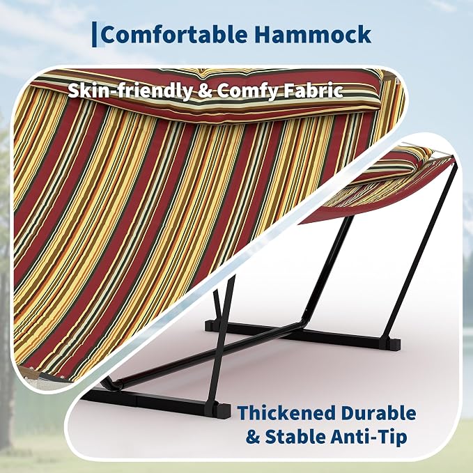 2 Person Outdoor Hammock with Stand, 450LBS Capacity, Heavy Duty Hammock with Carrying Bag & Soft Pillow, Portable Indoor Outdoor Hammock, Perfect for Backyard Patio Beach