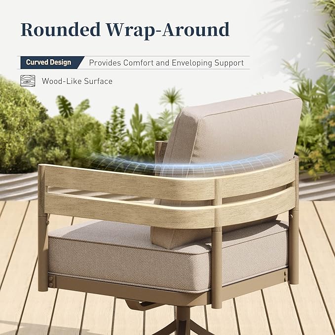Metal Frame Patio Furniture Set, Wood-Like Modern Outdoor Patio Furniture Set with Cushion, Patio Seating Set with Swivel Chairs, Patio Conversation Set for Backyard Deck