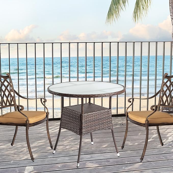 31.5 Inch Round Patio Dining Table for 2-4, Outdoor Wicker Table with Glass Top, All-Weather Rattan Bistro Coffee Table for Backyard, Deck, Porch, Poolside, Easy Assembly for Outdoor Use Brown