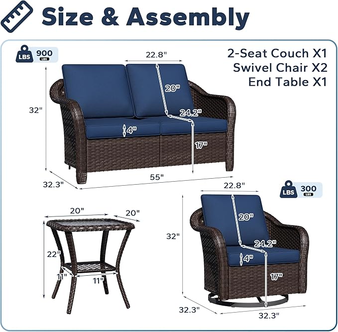 4 PCS Outdoor Conversation Set | 55" Couch, 2 Swivel Chairs, 1 Side Table， Patio Wicker Conversation Furniture with Removable Cushions for Bistro, Deck, Sunroom(Navy Blue)