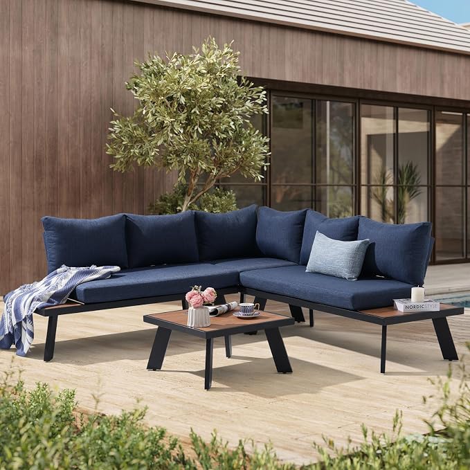 SUNSITT 4-Piece Outdoor Patio Furniture Set L-Shaped Aluminum Sectional Sofa with Faux Wood Grain Top Coffee Table, All-Weather Patio Conversation Set with Cushions, Blue