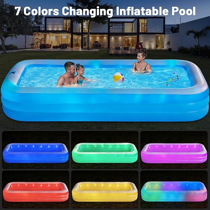 145"x74"x22", Large Solar Inflatable Pool with Lights, Oversized Thickened Blow Up Pool for Adults, 7 Color Changed Family Swimming Pool for Backyard, Outdoor