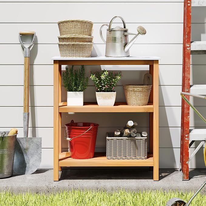 Goplus Patio Wooden Sideboard, 3-Tier Acacia Outdoor Kitchen Buffet Organizer w/Marble-Like Countertop & 2 Slatted Shelves, Garden Potting Bench Table & Plant Stand for Backyard, Garden, Deck