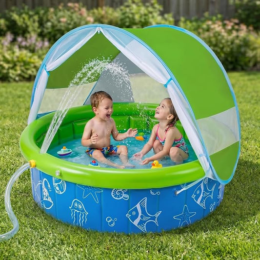 Baby Pool with Canopy, 47" x 12" Airless Foldable Kiddie Pool with UPF 50+ Sunshade, Mosquito Net, Water Sprinkler – Easy Folding & Carry for Toddlers, Infants, Backyard, Beach, Travel