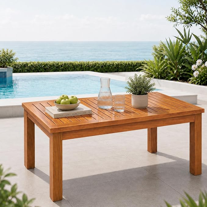 Outdoor Teak Coffee Table, 48" Wooden Patio Coffee Table with Protective Cover, Solid Teak Outdoor Coffee Table for Patio, Garden, Poolside, Balcony and Backyard