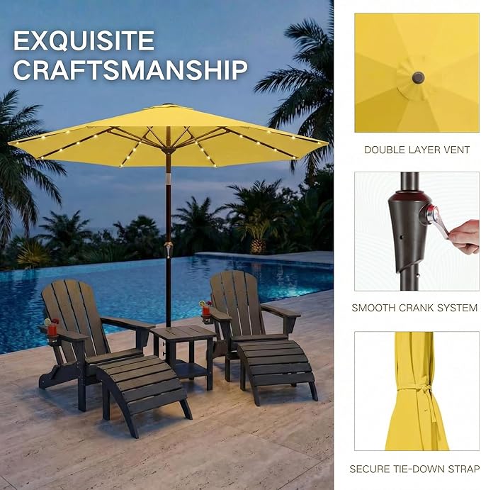 Kingdura 9FT Outdoor Patio Umbrella with Solar Lights, Market Table Umbrella with Push Button Tilt & Crank, 8 Sturdy Ribs, 32 LED Lights, UV Protection for Garden Lawn Deck Backyard Pool (Yellow)