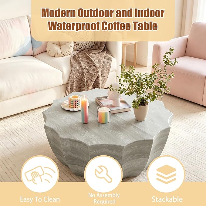 35.43" Round Outdoor Coffee Table, Durable MgO Cement Design – Waterproof for Patio, Garden & Living Room, Stylish & Low-Maintenance (Marble white-11-35.43")
