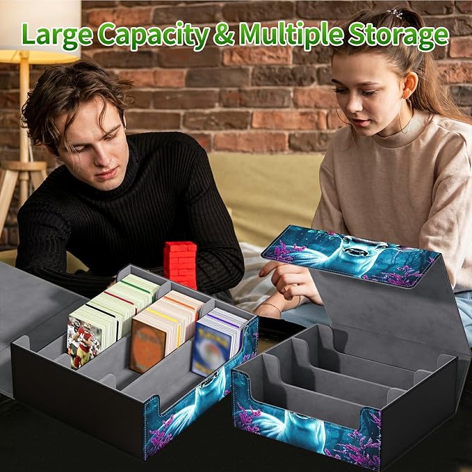 Card Deck Box for MTG, Cards Storage Box Fits 120+ Sleeved, Leather Big Size Strong Magnetic Closing Case for Board Games Magic TCG CCG Baseball Collection Women Man, Forest Flowers Deer