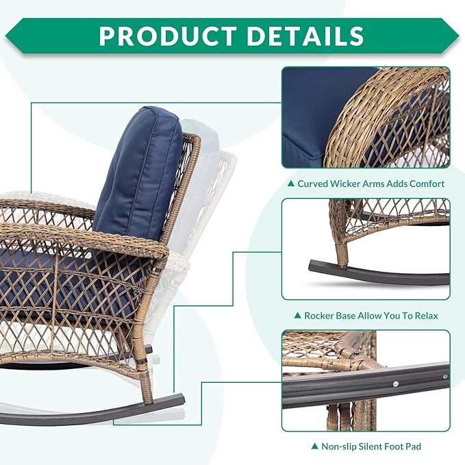 VIVIJASON 7-Piece Outdoor Patio Wicker Conversation Sets, All Weather Outdoor Rattan Furniture Set Includes Glider Loveseat, 2 Rocking Chairs, 2 Glider Rocker Chairs, 2 Coffee Table, Navy Blue