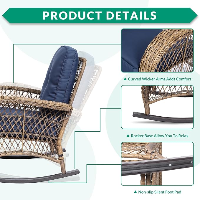 VIVIJASON 5-Piece Outdoor Patio Wicker Conversation Sets, All Weather Outdoor Rattan Furniture Set Includes Glider Loveseat, 2 Coffee Table, 2 Rocking Chairs with Cushions for Backyard, Navy Blue