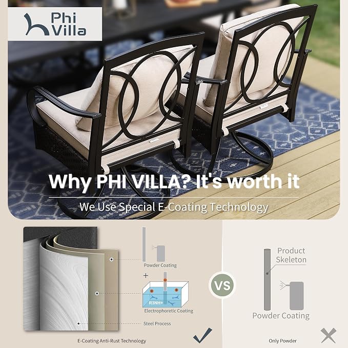 PHI VILLA 9 Piece Outdoor Dining Sets, 57.5" All-Weather Patio Table and Chairs Set for 8, Heavy Duty Patio Table Set Square for Deck, 8 Extra Large Outdoor Swivel Chairs with Thick Cushions