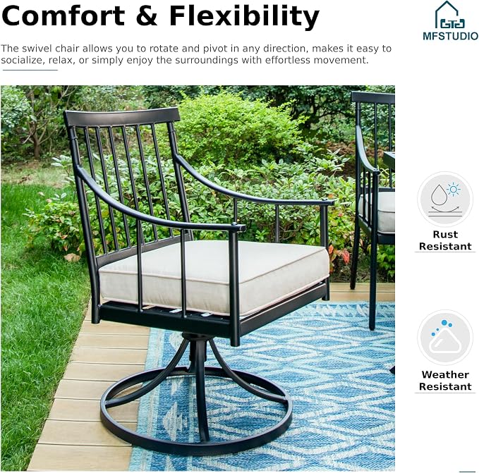 MFSTUDIO 5-Piece Patio Dining Set, Swivel Metal Chairs, Umbrella Hole | 42" Square Wood-Look Metal Table, Black, Removable Cushions