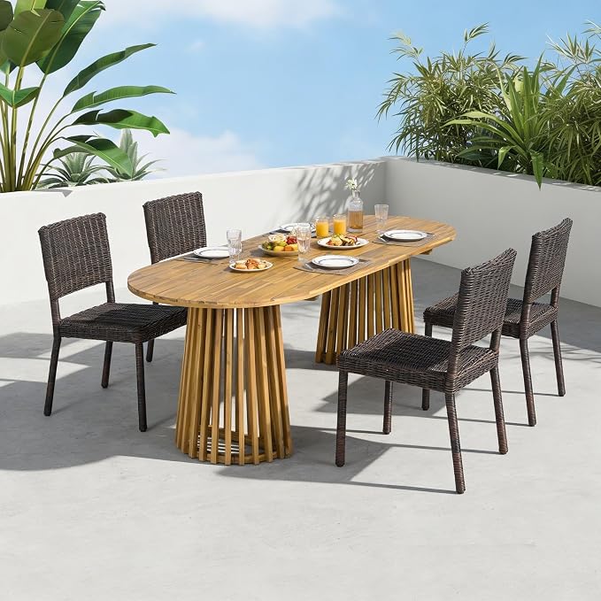 Christopher Knight Home Farley Acacia Wood Outdoor Dining Set for 4, 5 Piece Patio Dining Table and Chair Set, Faux Rattan Outdoor Dining Chair and Table Set, Teak+Brown