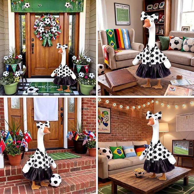 Soccer Porch Goose Outfit Black and White Soccer Goose Clothes Ball Dress Skirt with Bow Headband Whistle Sport Geese Costume for 17-23 Inch Cement Geese Statue Outdoor Garden Lawn Yard Decor