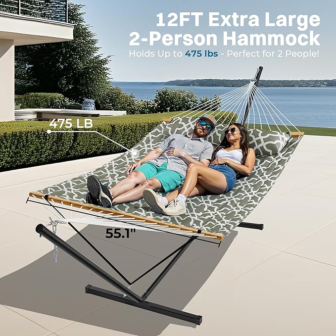 SUPERJARE Hammock with Stand, 2 Person Quilted Outdoor Hammock, Detachable Pillow & Bamboo Spreaders, Portable with Carrying Bag, Heavy Duty Stand, Perfect for Outside, Patio, Grey with White Flower