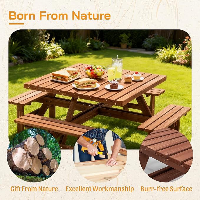 Wood Picnic Table Bench Set for 4-8 Person, Square Picnic Tables for Outdoor with Umbrella Hole and Benches, Outside Dining Table Patio Furniture Set for Garden, Backyard, Porch and Deck