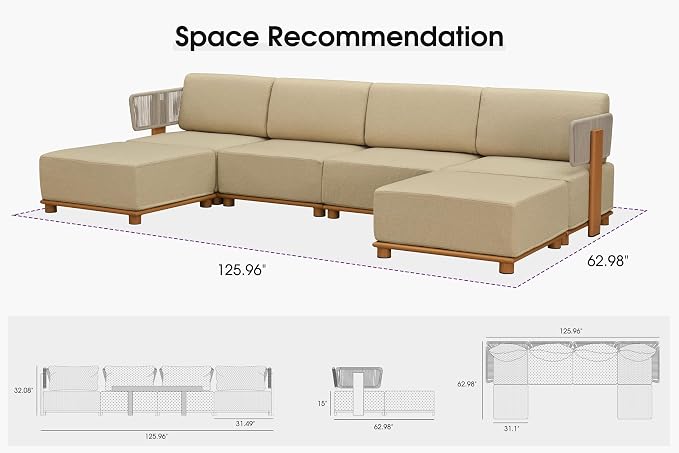 PURPLE LEAF Patio Furniture Set Modular U-Shaped Outdoor Sectional Sofa with 11" Thick Olefin Cushion 6-Piece Outdoor Conversation Set w/White Lights & Ottomans for Backyard Garden Poolside, Beige