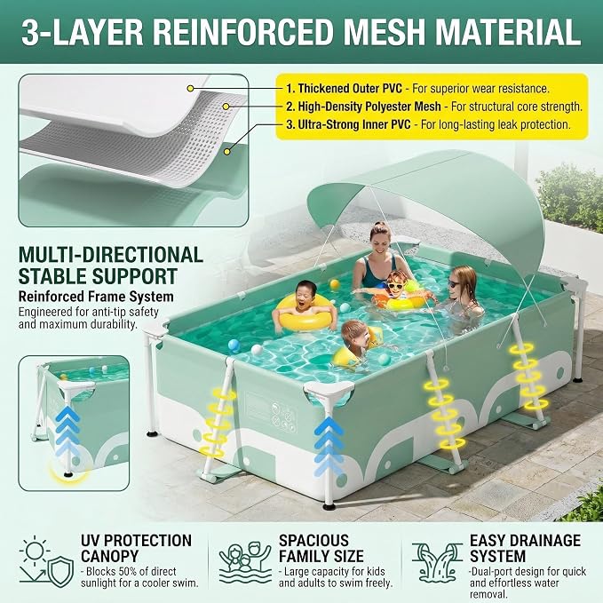 3.0m Rectangular Swimming Pool with Metal Steel Frame, Simple Family Backyard Swimming Pool, Garden, Adult Lawn, no Need for Inflatable Assembly, Convenient Storage (3.0-Meter Swimming Pool)