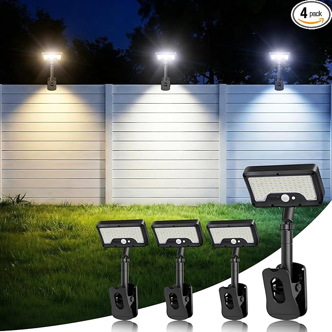 iMaihom Clip On Solar Lights Outdoor with Motion Sensor, 92 LED 600LM Solar Fence Lights, Warm/Neutral/Cool White, 360° Adjustable, IP65 Waterproof Security Light for Deck, Gutter, Porch (4, Black)