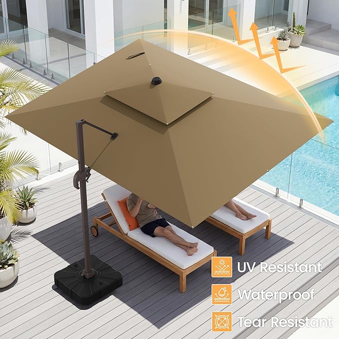 HASLE OUTFITTERS 9x12 FT Patio Cantilever Umbrella with Base, Outdoor Offset Large Rectangular Heavy Duty Double Top Umbrellas with 360° Rotation for Pool Garden Deck，Tan