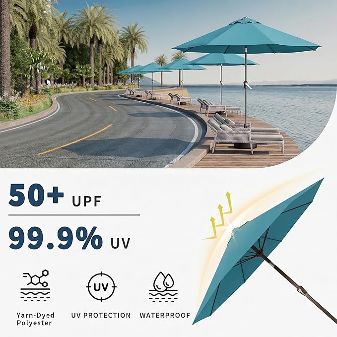 10FT Patio Umbrella Outdoor Market Umbrella with Crank and Tilt, 8 Flexible Fiberglass Ribs, UV-Resistant Waterproof Canopy for Patio, Deck, Garden, Backyard, Sky Blue
