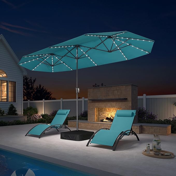 PURPLE LEAF 13ft Double-Sided Patio Umbrella with Solar Lights Outdoor Market Umbrella with Base and Crank Handle Table Umbrella for Backyard Pool Garden Deck, Turquoise