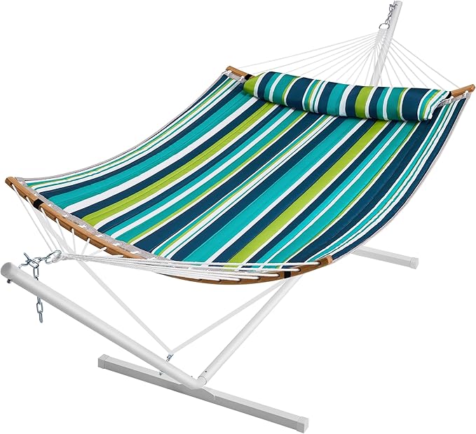 SUPERJARE Curved-Bar Hammock with Stand, 2 Person Heavy Duty Hammock Frame, Detachable Pillow & Portable Carrying Bag, Perfect for Outdoor & Indoor, Blue-Green Stripe