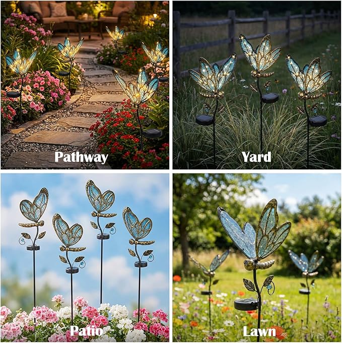 Decorative Outdoor Solar Butterfly Lights,Warm LED Handcrafted Blue Glass Stakes, 36 Inch Tall, Auto On-Off for Up to 8 Hours Glow, Waterproof Yard Patio Ornaments