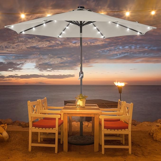 9ft Patio Umbrella Outdoor with Solar Lights,32 LED Lighted Table Market Umbrella with Tilt and Crank, 2-Year-Non-Fading, 8 Sturdy Ribs,for Pool, Deck, Garden,Backyard