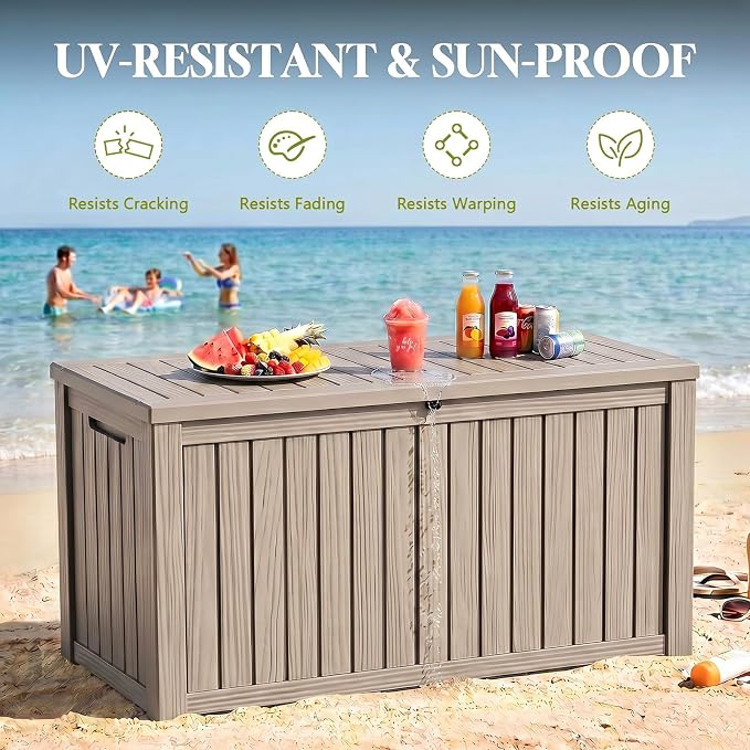 Waterproof Outdoor Storage Box Outside Deck Box Lockable Resin Bench UV Resistant Furniture Cushion Pool Tool Float Bin Patio Garden Porch (Grey, 180 Gallon)