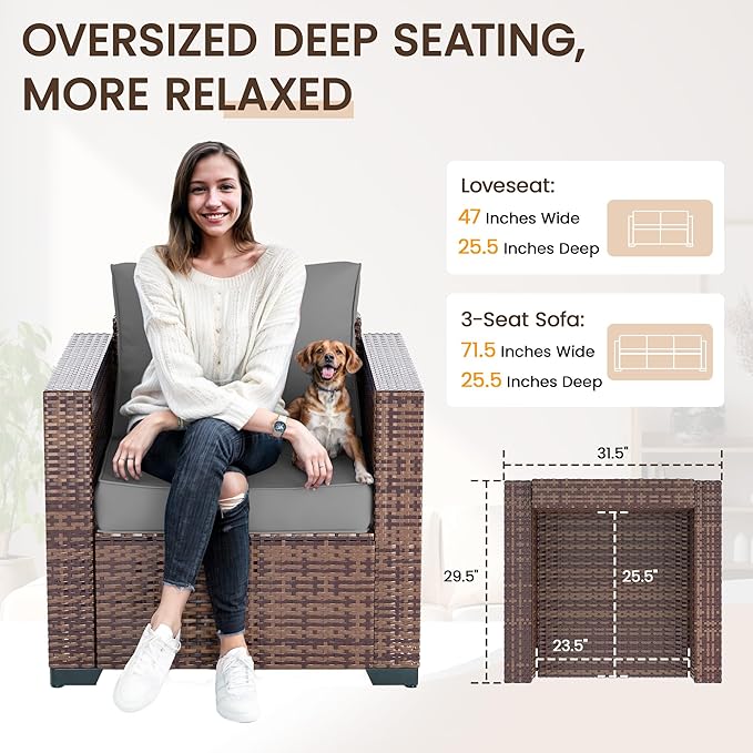 Patio Furniture Set,5 Piece Wide Armrest Outdoor Furniture Chair with 4" Thickened Cushion,Wicker Patio Conversation Sets with Waterproof Covers for Backyard, Porch(Grey)