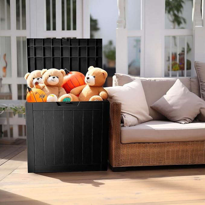 Resin Deck Box, Lockable Patio Outdoor Storage Box for Furniture, Garden Tools and Tools Storage, Waterproof Outside Storage Boxes (Black, 31 Gallon)