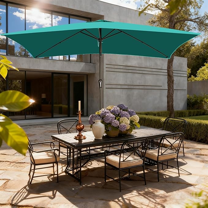 6.5x10FT Rectangular Patio Umbrella with Push Button Tilt & Crank Lift for Garden,UV Protection Outdoor Umbrella for Deck,Pool and Yard,Turquoise