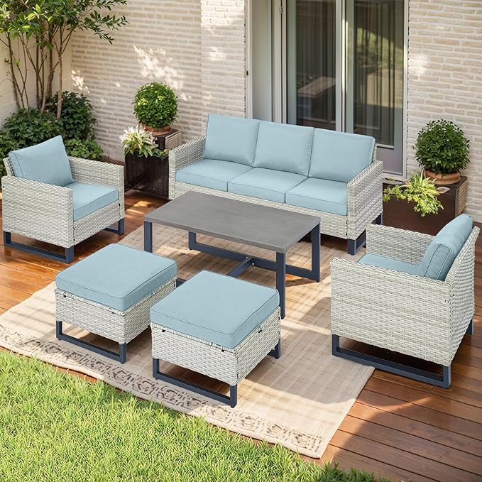 Rilyson Wicker Outdoor Patio Furniture Set - 6 Piece Patio Conversation Set with 2 Armrest Chairs,2 Rattan Ottoman,1 Couch and 1 Metal Side Table for Outside Porch Deck Backyard(Light Grey/Sky Blue)