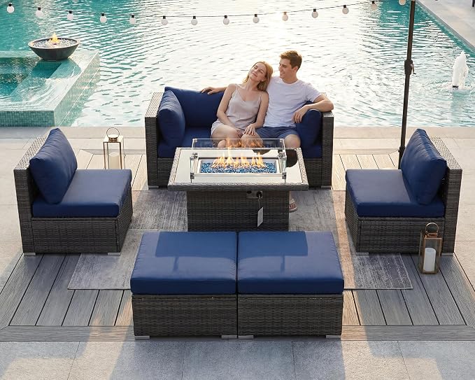 BULEXYARD 7 Piece High Back Outdoor Sectional Set with Fire Pit Table, Wicker Patio Furniture Set Weather-Resistant, Modular 6-Person Couch Sofa Comfortable Wide Deep Seats for Deck, Grey & Navy Blue