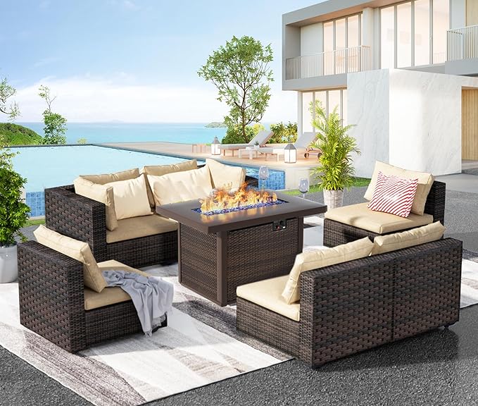 Grezone 7 Piece Patio Furniture Set with Fire Pit Table, Patio Sectional Furniture Sofa Set, Patio Conversation Sets with Cushions and Glass Coffee Table for Garden Lawn Balcony Porch Deck,Beige
