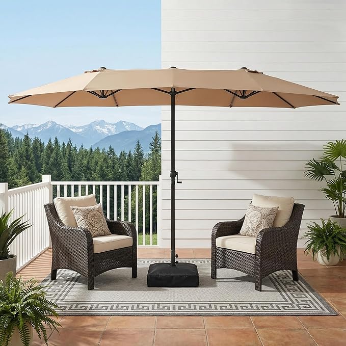 15FT Large Double Sided Patio Umbrella with Base, Aluminum Crank and Heavy Duty Carbon Steel Ribs Outdoor Umbrellas, Fade Resistant Rectangular Market Umbrella for Pool, Deck, Commercial, Backyard, Patio, Rental, Beige