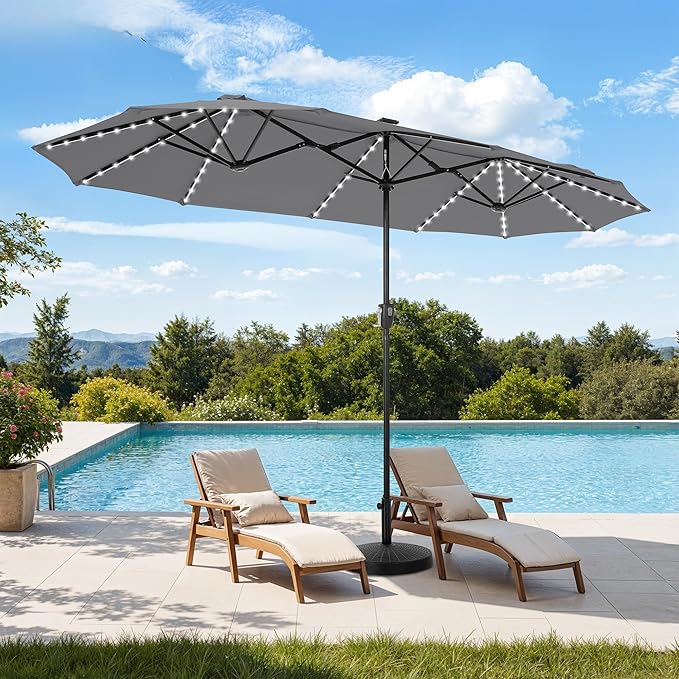 HERA'S PALACE 13ft Patio Umbrella with 120 LED Solar Lights Double Sided Outdoor Umbrella for Patio 8 Colors Changing Table Umbrella Outdoor Patio for Garden Pool