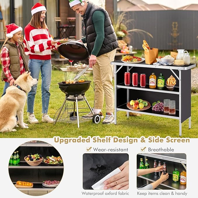 Goplus Folding Camping Table, Portable Pop-Up Bar Table with 2-Tier Storage Shelves, Removable Cloth Cover, Aluminum Foldable Camp Table for Picnic, Tailgate, Party, Travel, Outdoor