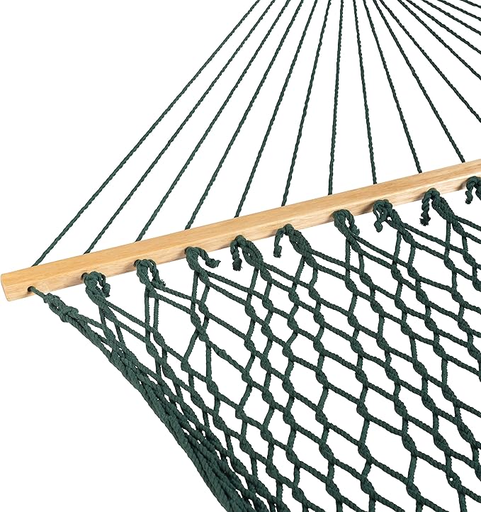 Bliss Hammocks BH-410GR 60in Wide Cotton Rope Hammock, Indoor Outdoor Poolside Patio Backyard Hammock, Includes Chains & Hooks, Eco Friendly Polyester, Hardwood Spreader, 450 Pound Capacity, Green