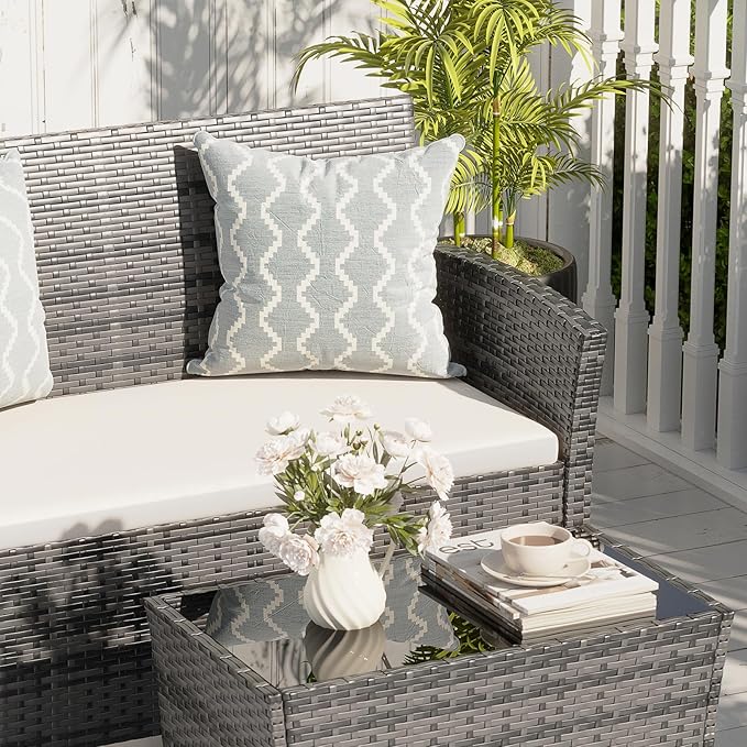4 Piece Outdoor Patio Furniture Set, All-Weather Wicker Conversation Sets Include Coffee Table, Armchair, Loveseat, Sectional Furniture for Indoor Outdoor Backyard Pool Garden (Gray & Beige)