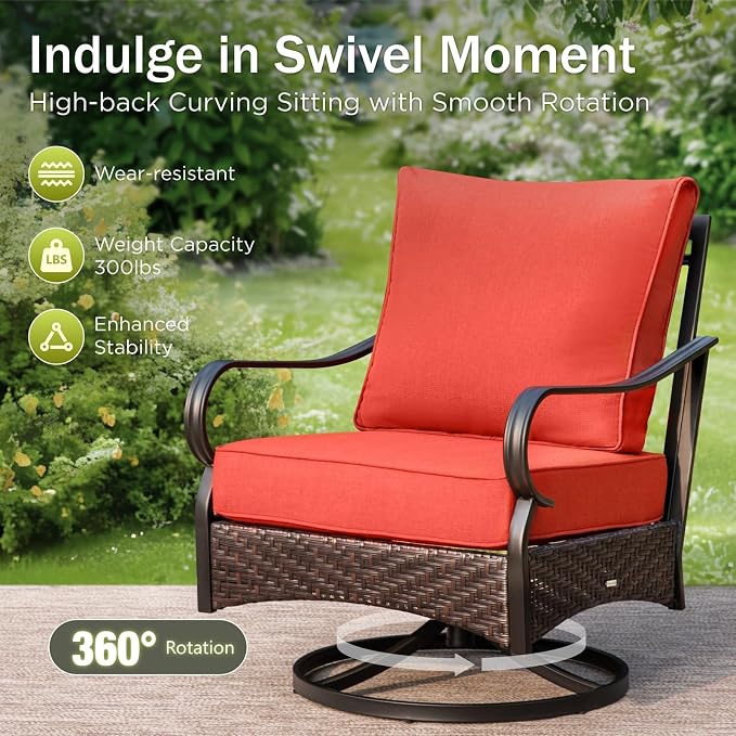 PHI VILLA Patio Furniture Set with 56" Fire Pit Table, Metal Frame Outdoor Conversation Sets, Wicker Patio Sectional Swivel Chairs with Ottomans for Porch, Deck, Poolside(6 Pieces, Red)