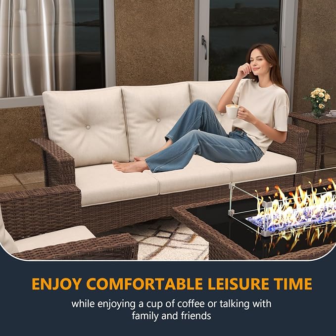 10 Pieces Outdoor Patio Furniture Set with Fire Pit Table, Wicker Patio Sectional Set Conversation Wicker Swivel Chairs with Small Side Table