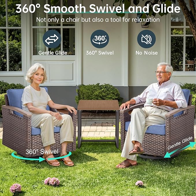 Luxury 4 Piece Heavy Duty Patio Furniture Set with Swivel Chairs - All Weather Wicker Comfort Thick Cushion Outdoor Conversation Set with Sofa & Coffee Table for Porch Poolside Deck - Blue