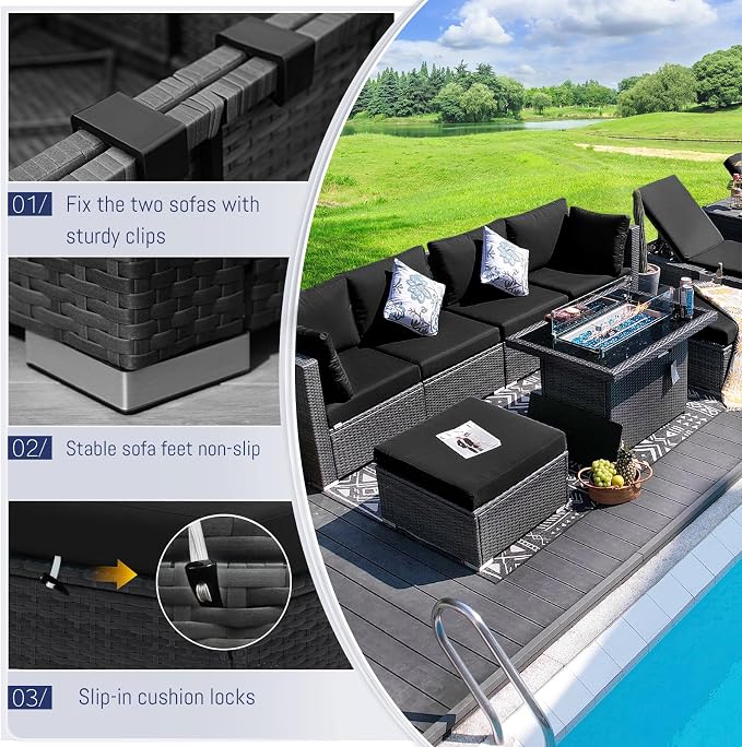 BULEXYARD 7 Piece High Back Outdoor Furniture Set with Fire Pit, Durable All Weather Wicker Patio Couch Sofa Set, Oversized Modular 6-Seater Sectional Backyard Seating Wide Deep for Lawn, Grey & Black