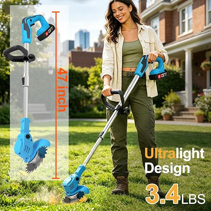 Electric Weed Wacker, 21V Cordless Weed Eater Battery Powered, No String Trimmer with Wheels & Metal Blades, Lightweight Grass Trimmer/Brush Cutter/Lawn Edger, Stringless Weed Trimmer for Yard Garden