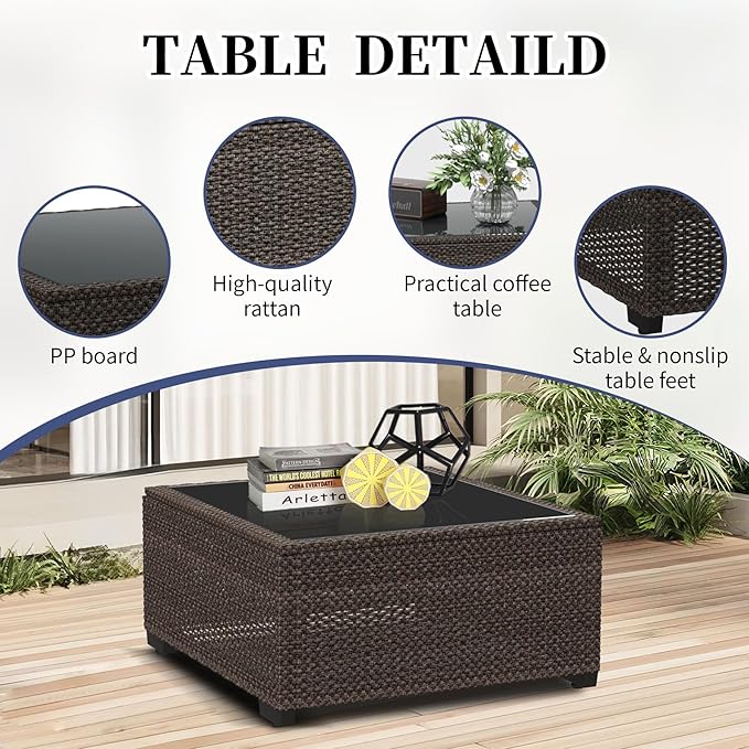 6 Pieces Wide Armrest Patio Furniture Set, Rattan Sectional Furniture with Thickened Cushions, Outdoor Patio Conversation Sets for Backyard, Poolside, Garden, Navy Blue/Brown, Sets of 6